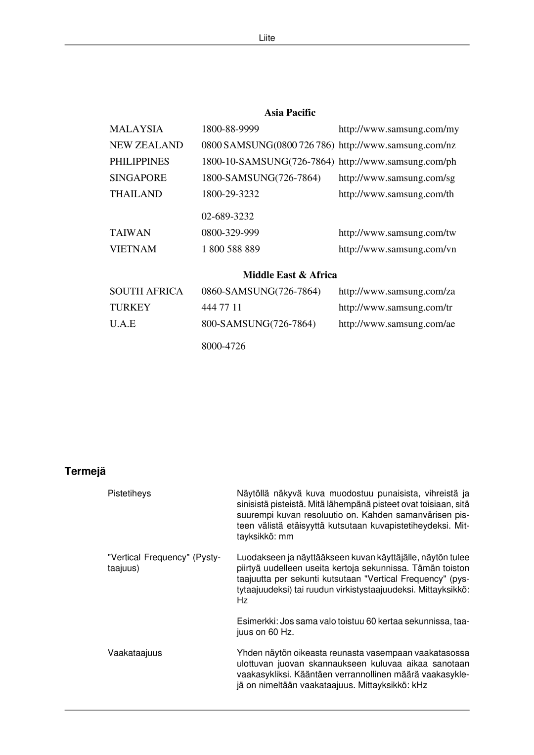 Samsung LS22MYDEBCA/EN, LS22MYDESC/EDC, LS22MYDESCA/EN, LS22MYDEBC/EDC, LS19MYDESC/EDC manual Termejä, Asia Pacific 