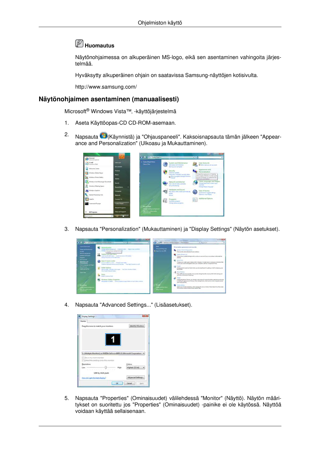 Samsung LS22MYDEBCA/EN, LS22MYDESC/EDC, LS22MYDESCA/EN, LS22MYDEBC/EDC manual Näytönohjaimen asentaminen manuaalisesti 