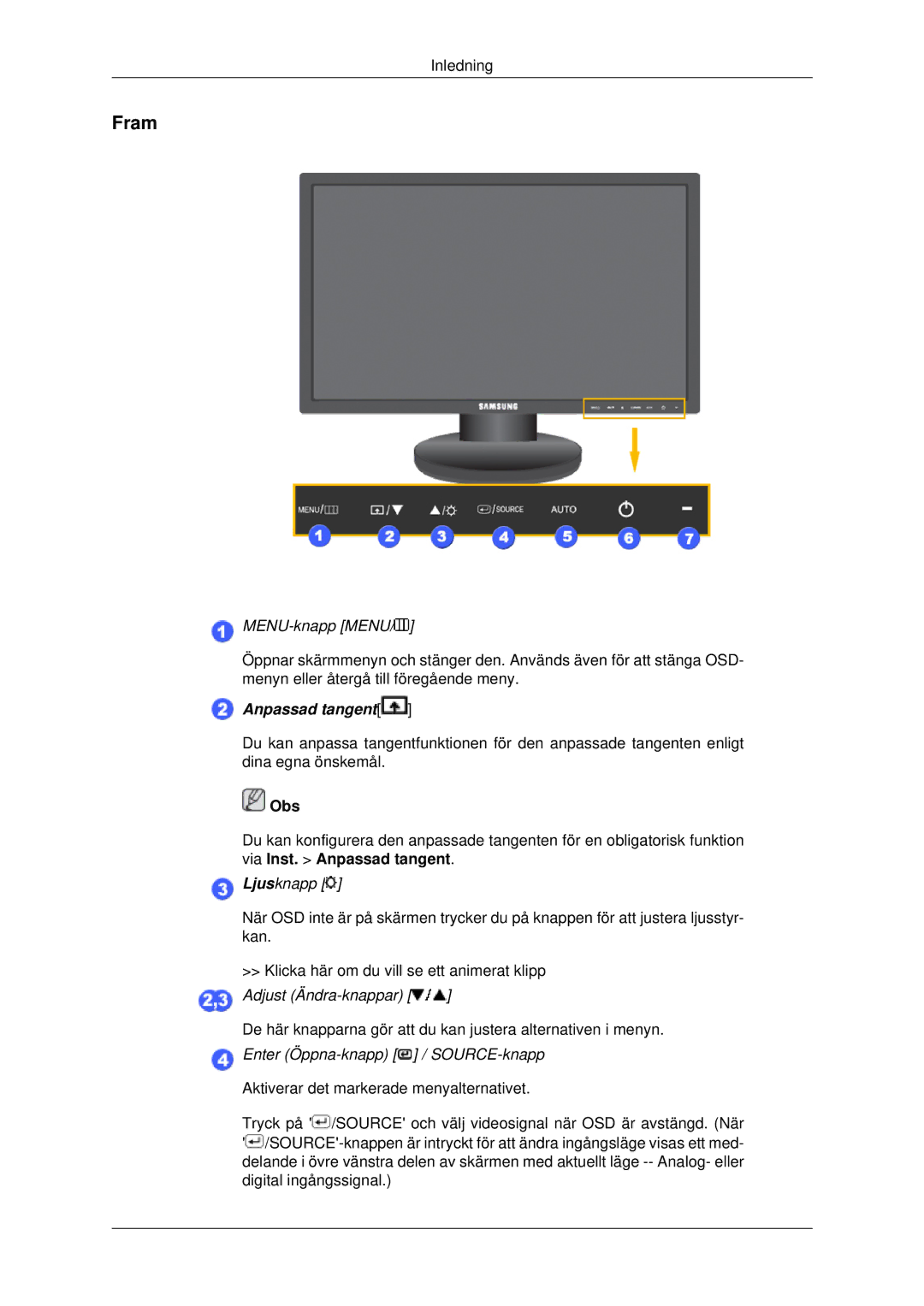 Samsung LS22MYDESCA/EN, LS22MYDEBCA/EN, LS22MYDESC/EDC, LS22MYDEBC/EDC, LS19MYDESC/EDC manual Fram, MENU-knapp Menu 