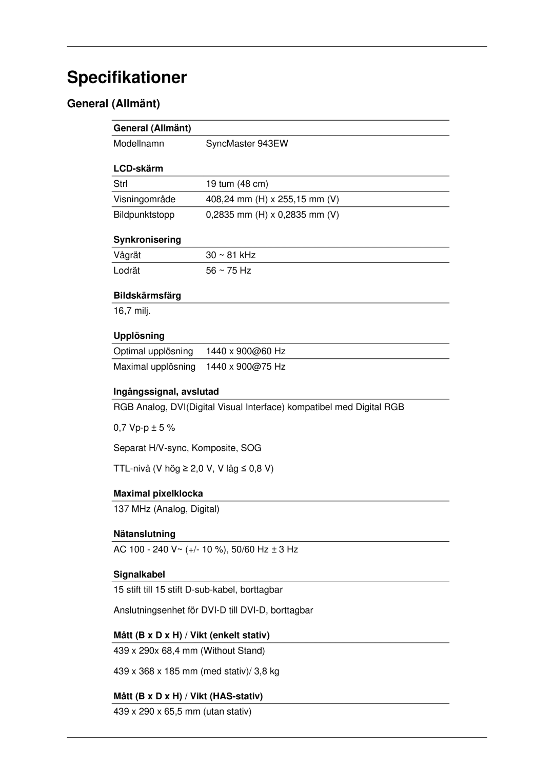 Samsung LS22MYDEBC/EDC, LS22MYDEBCA/EN, LS22MYDESC/EDC, LS22MYDESCA/EN, LS19MYDESC/EDC manual Specifikationer, General Allmänt 