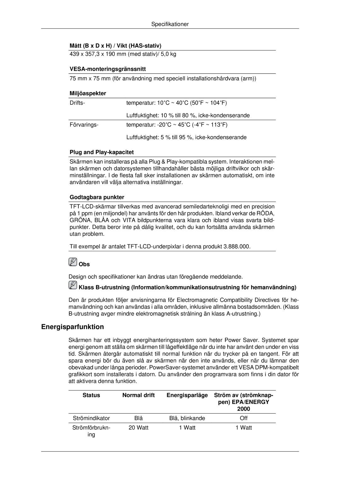 Samsung LS19MYDESC/EDC, LS22MYDEBCA/EN, LS22MYDESC/EDC, LS22MYDESCA/EN, LS22MYDEBC/EDC manual Energisparfunktion, Miljöaspekter 