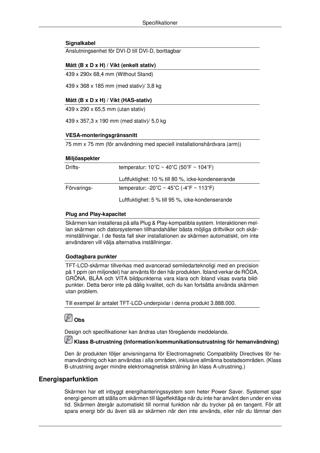 Samsung LS22MYDESCA/EN, LS22MYDEBCA/EN, LS22MYDESC/EDC, LS22MYDEBC/EDC, LS19MYDESC/EDC manual Energisparfunktion 