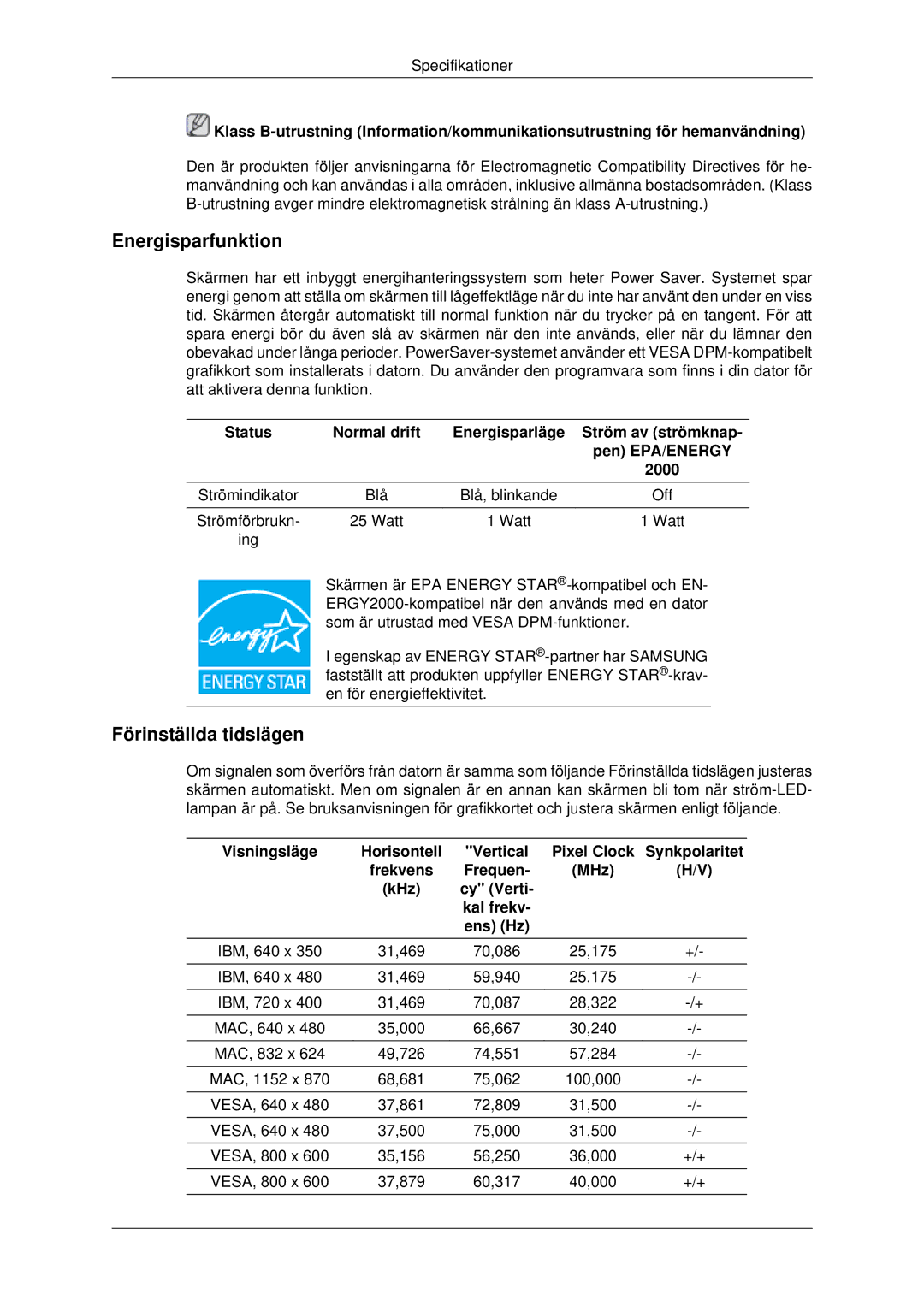 Samsung LS22MYDESC/EDC, LS22MYDEBCA/EN, LS22MYDESCA/EN, LS22MYDEBC/EDC, LS19MYDESC/EDC manual Energisparfunktion 