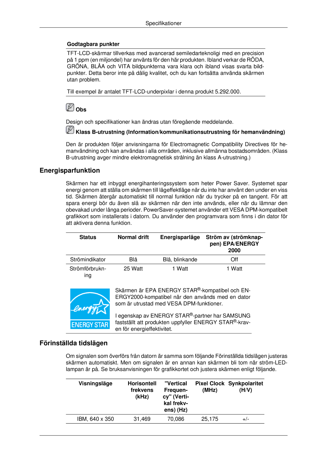 Samsung LS19MYDESC/EDC, LS22MYDEBCA/EN, LS22MYDESC/EDC, LS22MYDESCA/EN, LS22MYDEBC/EDC manual Energisparfunktion 