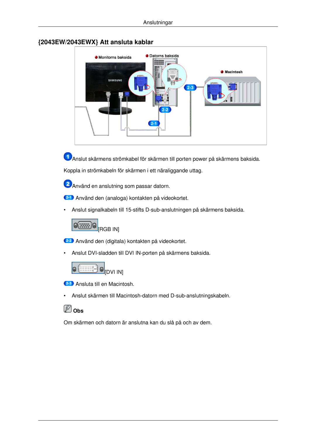 Samsung LS22MYDEBC/EDC, LS22MYDEBCA/EN, LS22MYDESC/EDC, LS22MYDESCA/EN, LS19MYDESC/EDC manual 2043EW/2043EWX Att ansluta kablar 