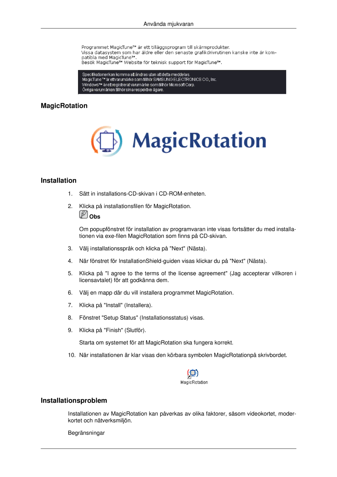 Samsung LS22MYDEBCA/EN, LS22MYDESC/EDC, LS22MYDESCA/EN, LS22MYDEBC/EDC, LS19MYDESC/EDC manual MagicRotation Installation 