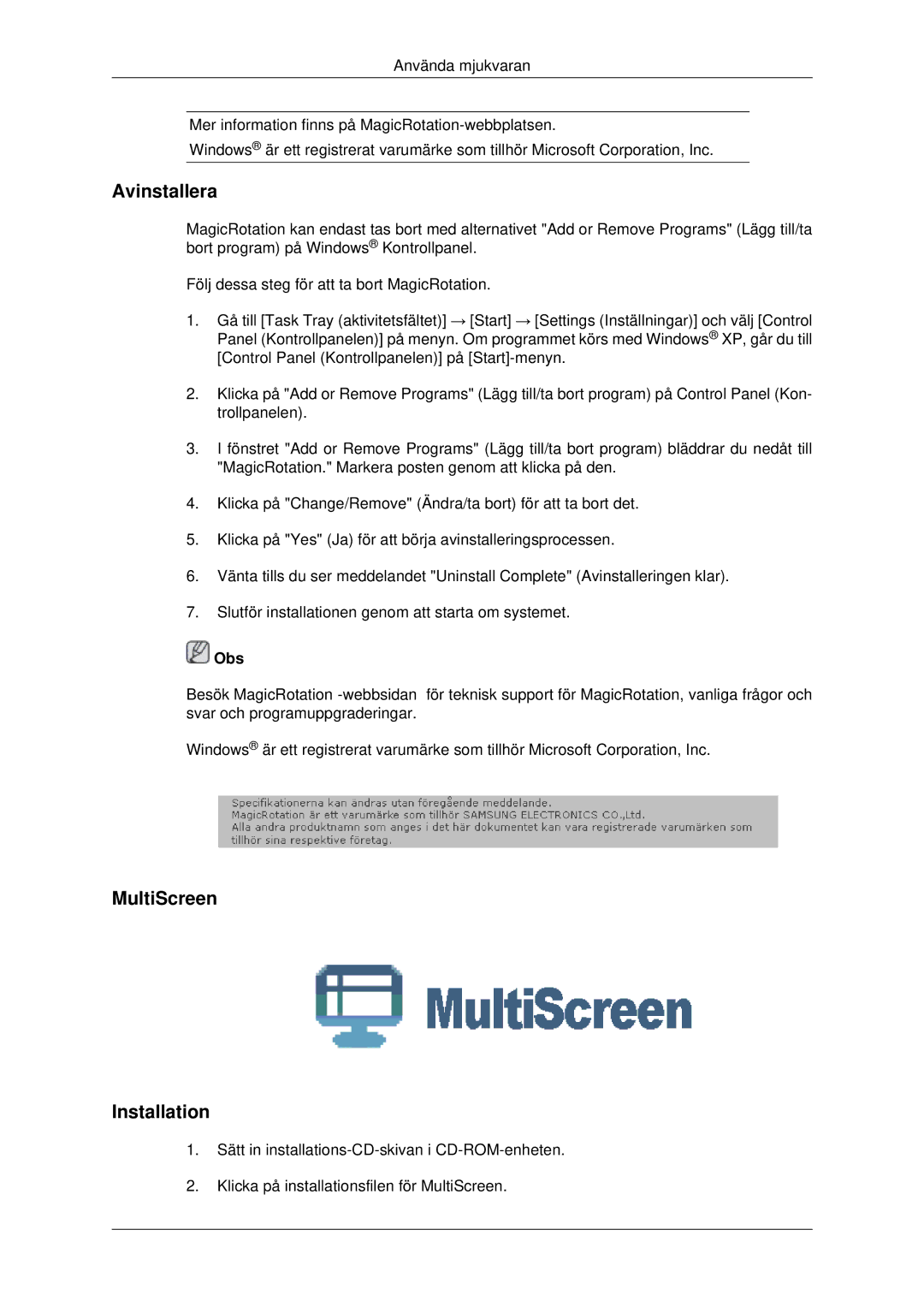 Samsung LS22MYDESCA/EN, LS22MYDEBCA/EN, LS22MYDESC/EDC, LS22MYDEBC/EDC, LS19MYDESC/EDC Avinstallera, MultiScreen Installation 