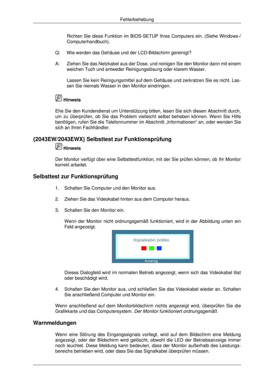 Samsung LS22MYDESCA/EN, LS22MYDEBCA/EN, LS22MYDESC/EDC, LS22MYDEBC/EDC manual 2043EW/2043EWX Selbsttest zur Funktionsprüfung 