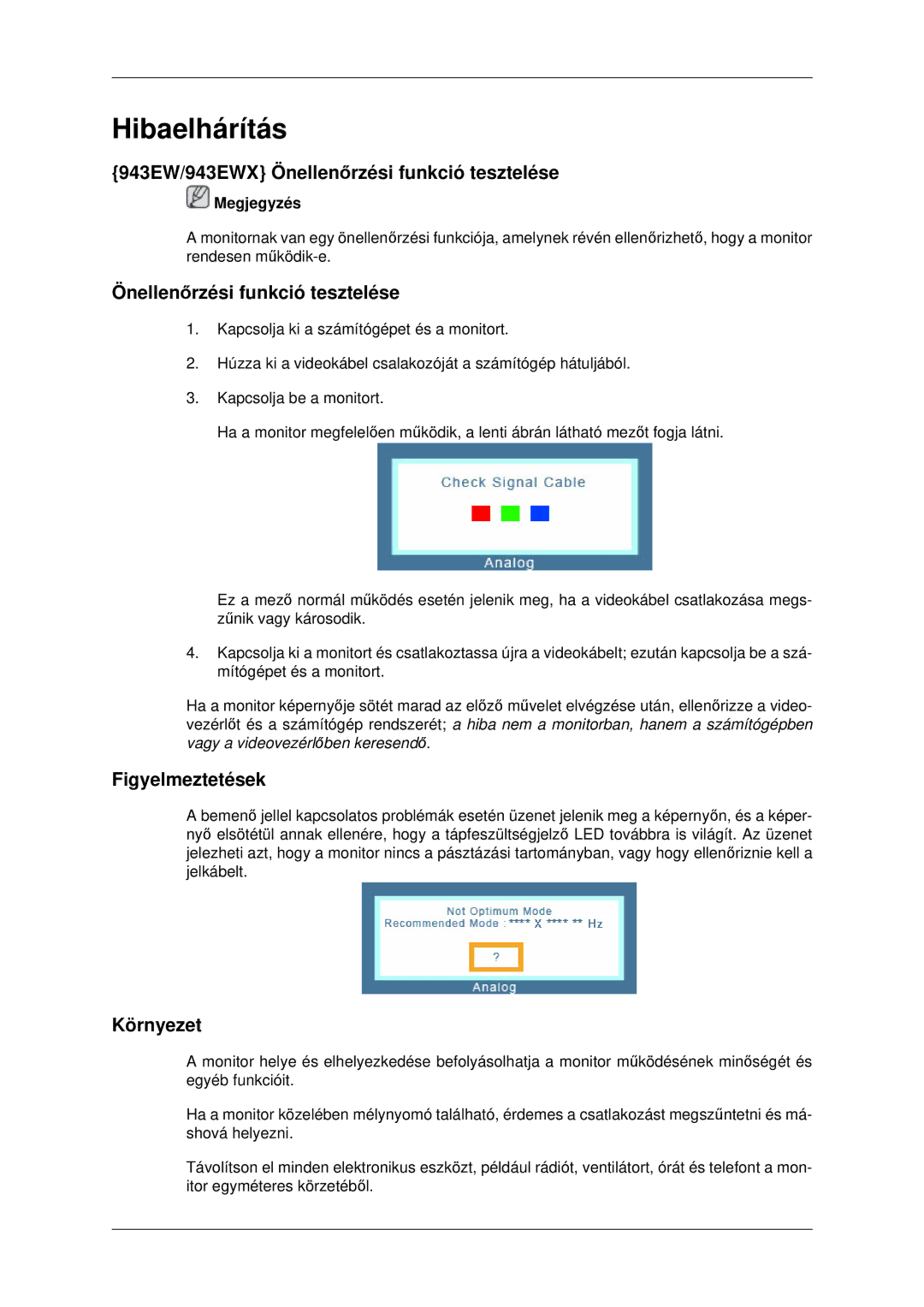 Samsung LS22MYDESCA/EN, LS22MYDEBCA/EN manual 943EW/943EWX Önellenőrzési funkció tesztelése, Figyelmeztetések, Környezet 