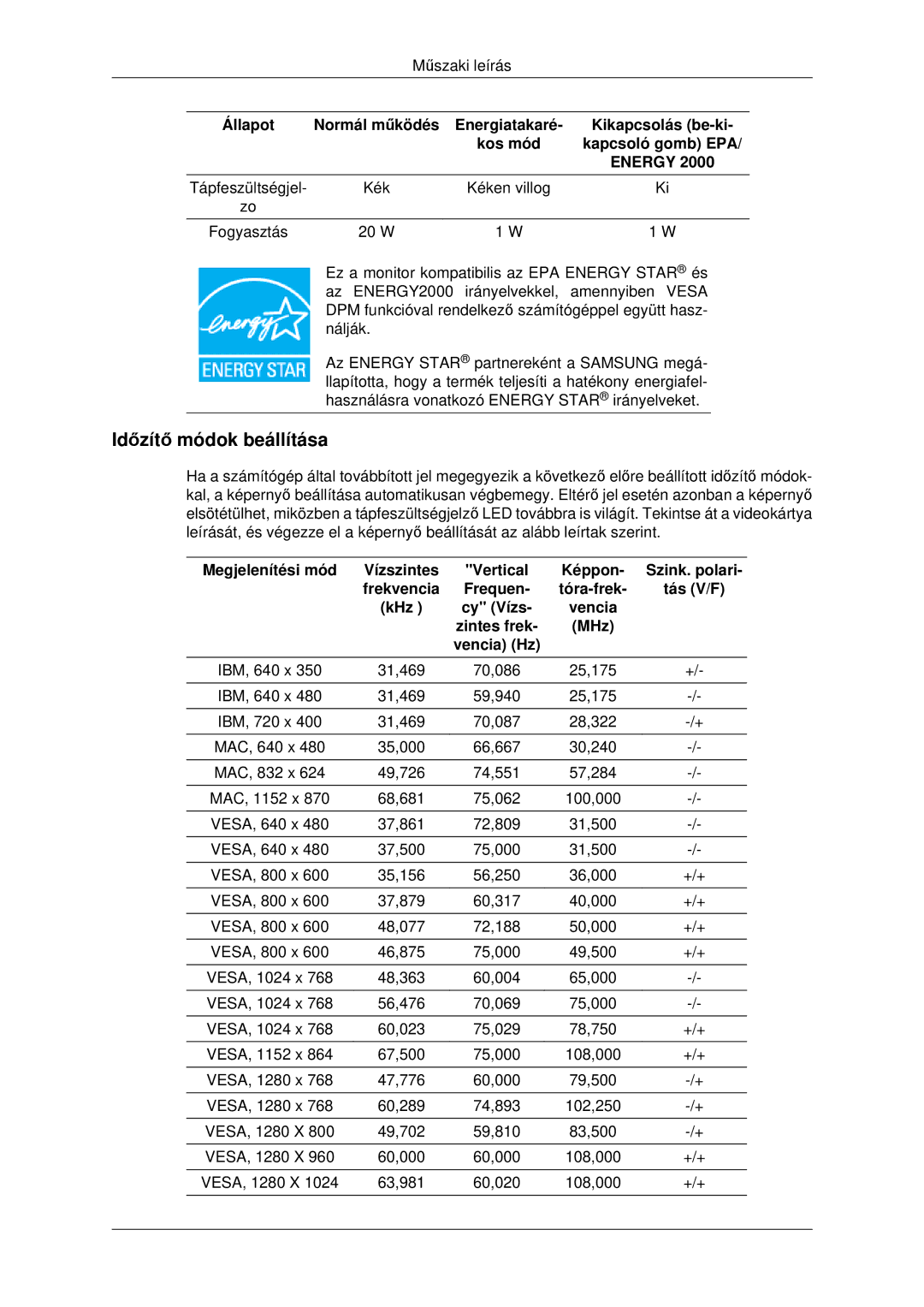 Samsung LS22MYDESCA/EN, LS22MYDEBCA/EN, LS22MYDESC/EDC, LS22MYDEBC/EDC, LS19MYDEBCBEDC manual Időzítő módok beállítása, Energy 