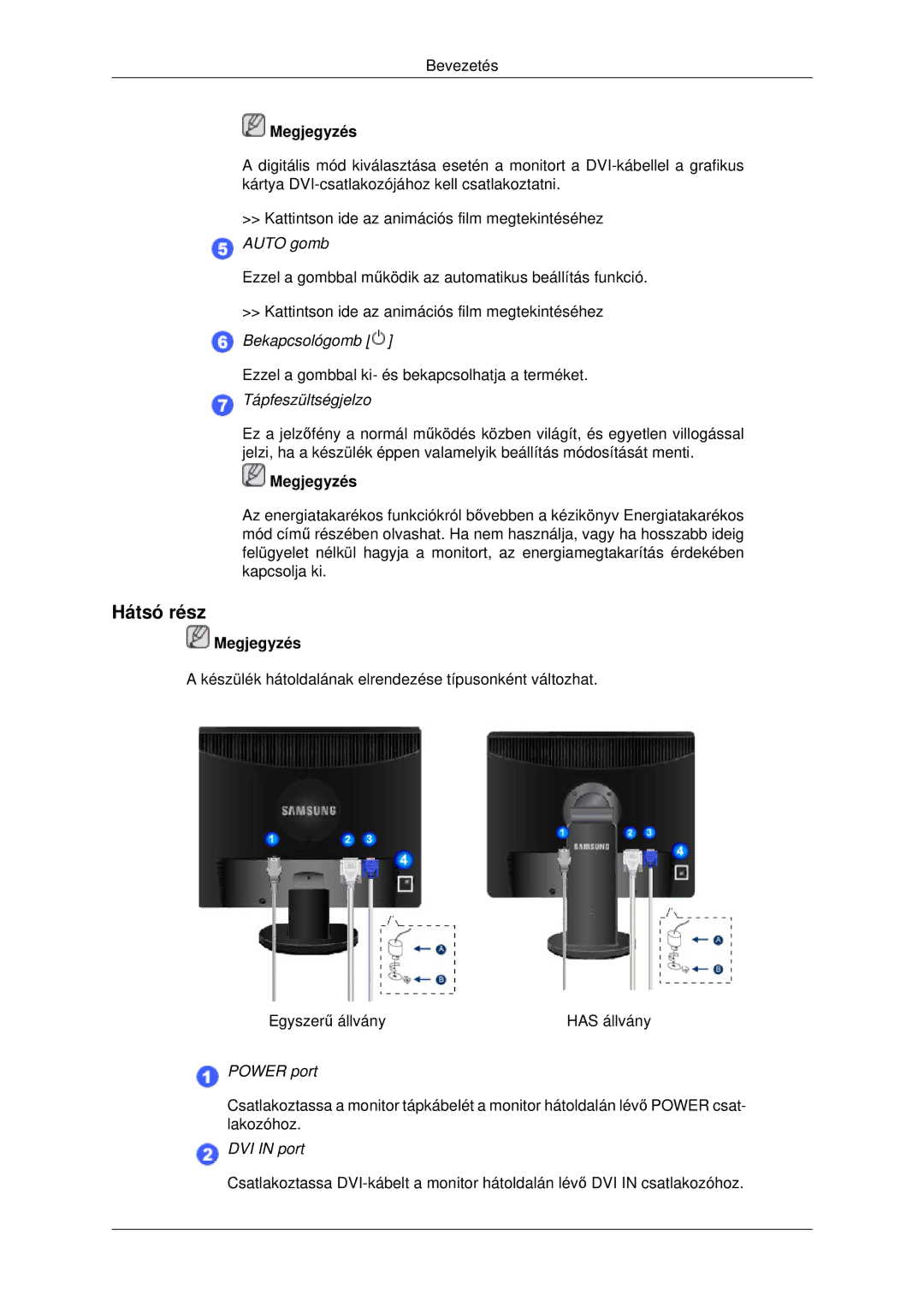 Samsung LS22MYDEBC/EDC, LS22MYDEBCA/EN, LS22MYDESC/EDC, LS22MYDESCA/EN, LS19MYDEBCBEDC manual Hátsó rész, Tápfeszültségjelzo 