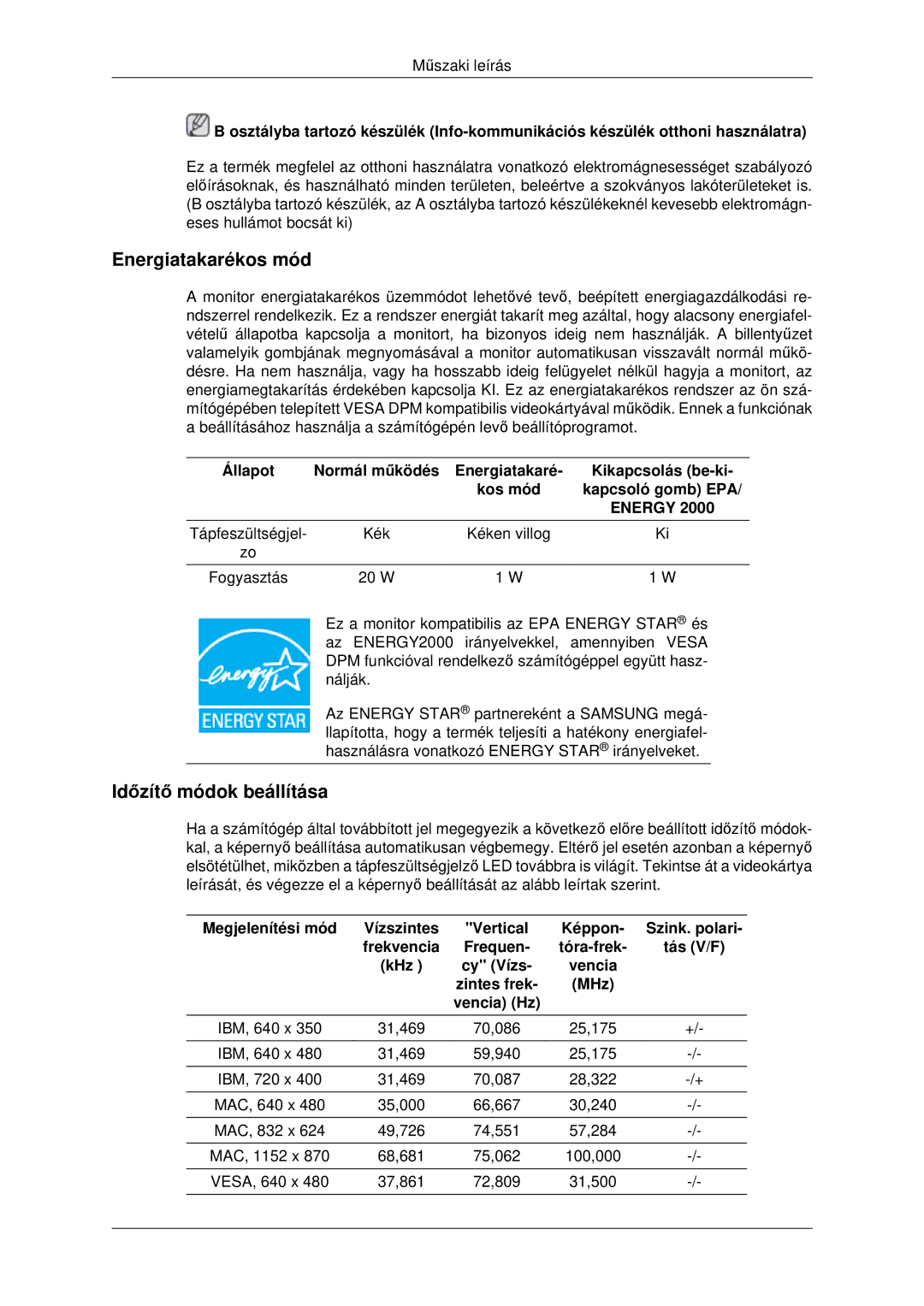 Samsung LS22MYDEBCA/EN, LS22MYDESC/EDC, LS22MYDESCA/EN, LS22MYDEBC/EDC, LS19MYDEBCBEDC manual Energiatakarékos mód 