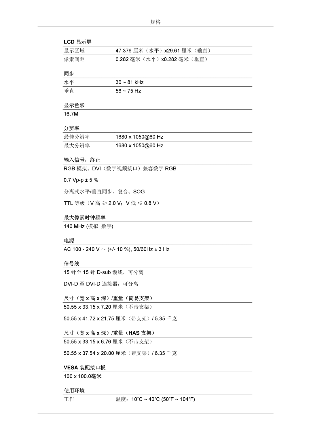 Samsung LS22MYDESCA/EN, LS22MYDEBCA/EN, LS22MYDESC/EDC, LS22MYDEBC/EDC, LS19MYDEBCBEDC manual 47.376 厘米（水平）x29.61 厘米（垂直） 