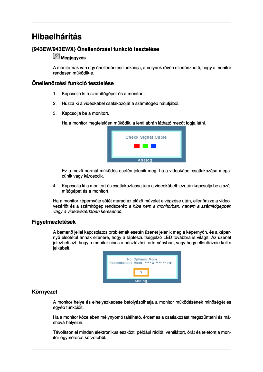 Samsung LS22MYDESCA/EN manual Hibaelhárítás, 943EW/943EWX Önellenőrzési funkció tesztelése, Figyelmeztetések, Környezet 