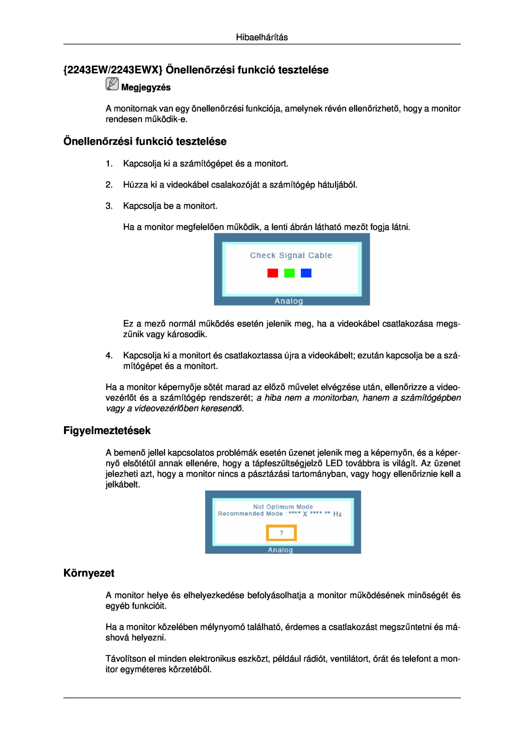 Samsung LS19MYDEBCBEDC manual 2243EW/2243EWX Önellenőrzési funkció tesztelése, Figyelmeztetések, Környezet, Megjegyzés 