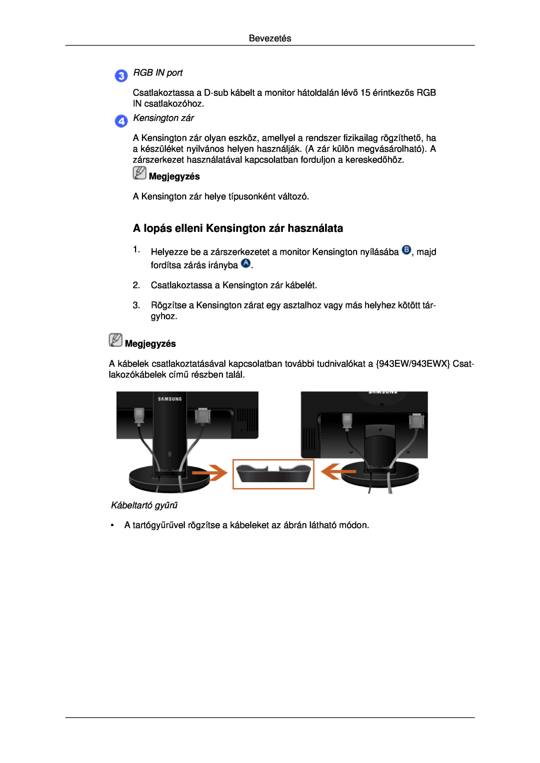 Samsung LS19MYDEBCBEDC, LS22MYDEBCA/EN manual A lopás elleni Kensington zár használata, RGB IN port, Kábeltartó gyűrű 