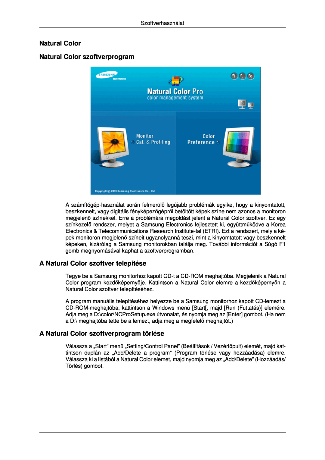 Samsung LS22MYDEBC/EDC, LS22MYDEBCA/EN Natural Color Natural Color szoftverprogram, A Natural Color szoftver telepítése 