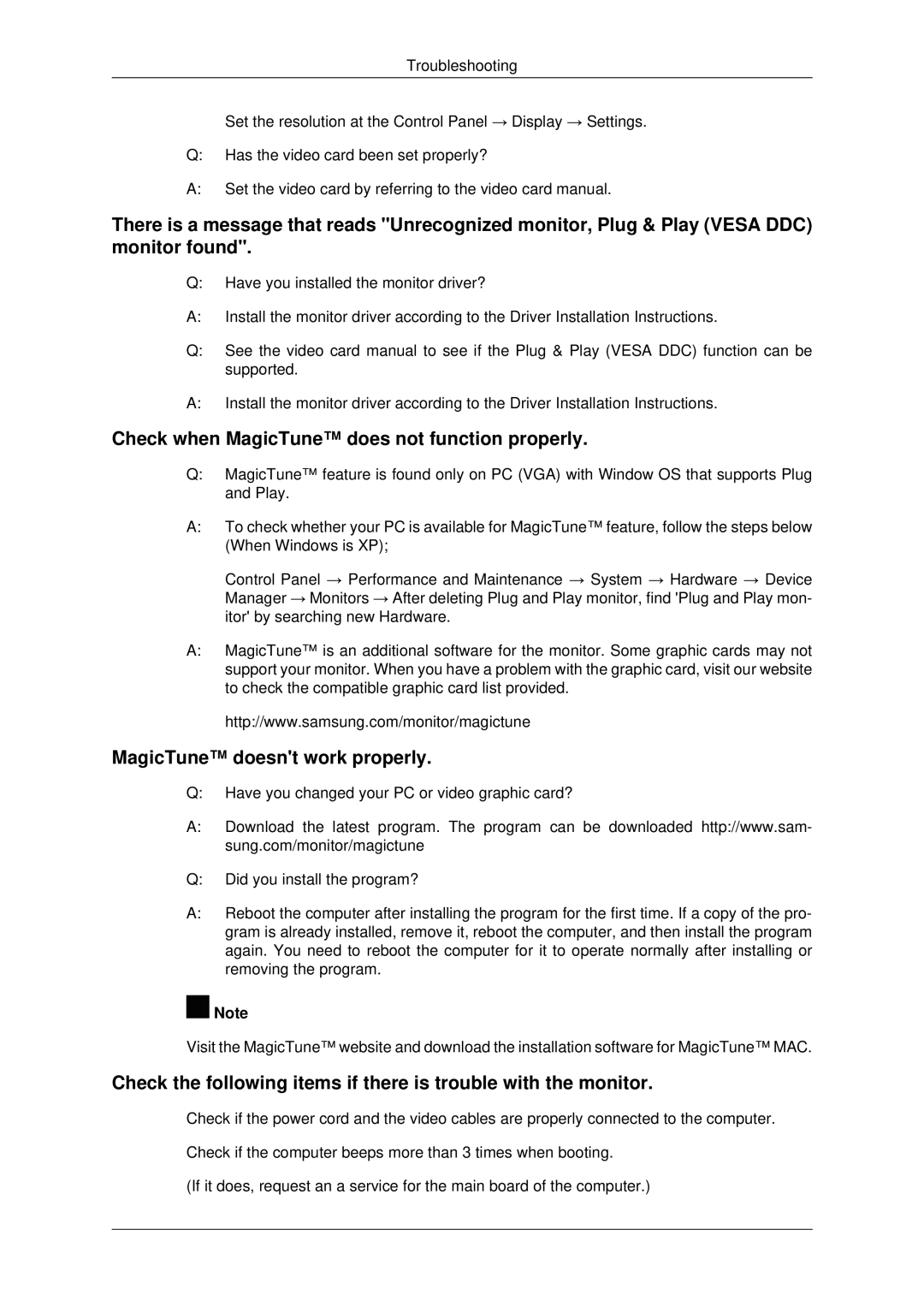 Samsung LS19MYDKFV/ILC, LS22MYDEBCA/EN, LS22MYDESC/EDC, LS22MYDESCA/EN manual Check when MagicTune does not function properly 