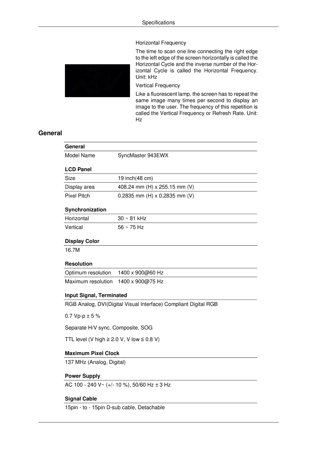 Samsung LS19MYDKFV/XSV, LS22MYDEBCA/EN, LS22MYDESC/EDC, LS22MYDESCA/EN, LS22MYDKBQRXSJ manual Model Name SyncMaster 943EWX 