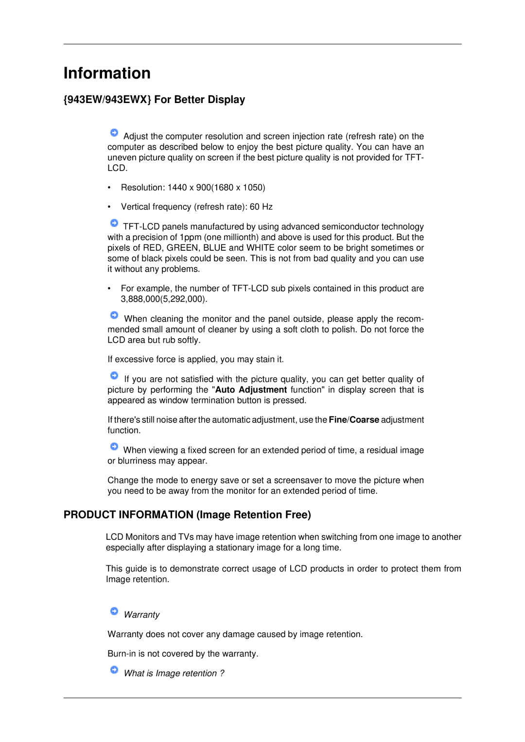Samsung LS19MYDKFV/ILC, LS22MYDEBCA/EN manual 943EW/943EWX For Better Display, Product Information Image Retention Free 