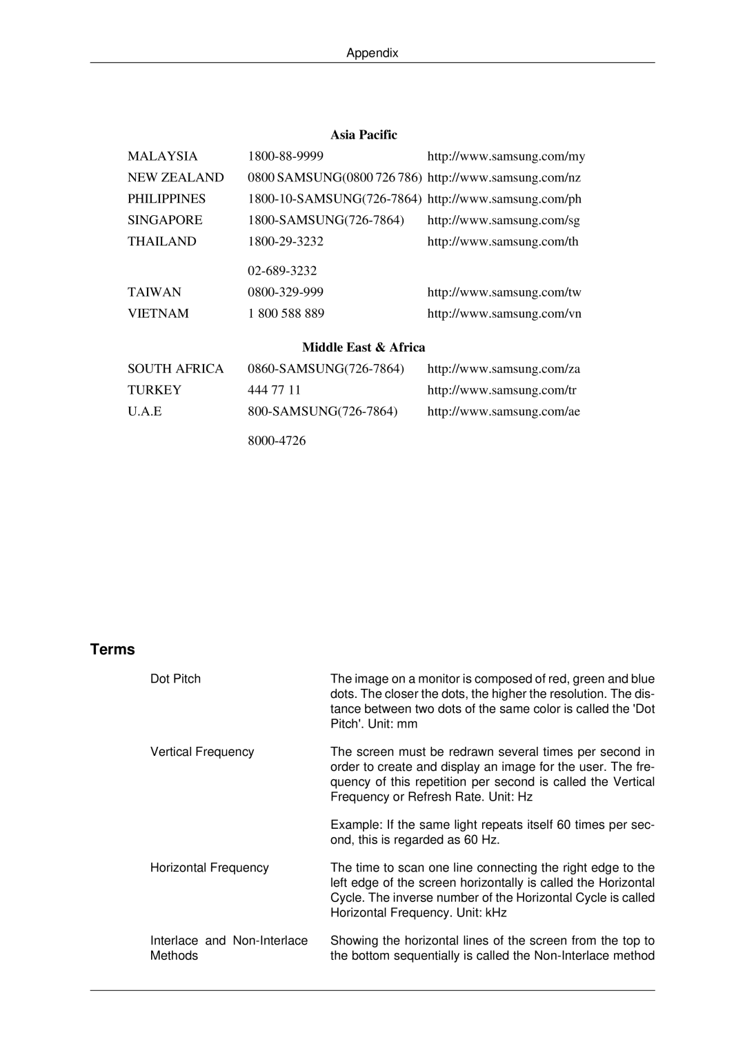 Samsung LS19MYDKFV/XSV, LS22MYDEBCA/EN, LS22MYDESC/EDC, LS22MYDESCA/EN, LS22MYDKBQRXSJ, LS22MYDEBC/EDC Terms, Asia Pacific 