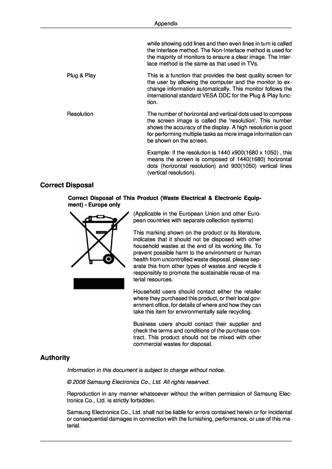 Samsung LS22MYDKBQ/XSH manual Correct Disposal, Authority, Information in this document is subject to change without notice 