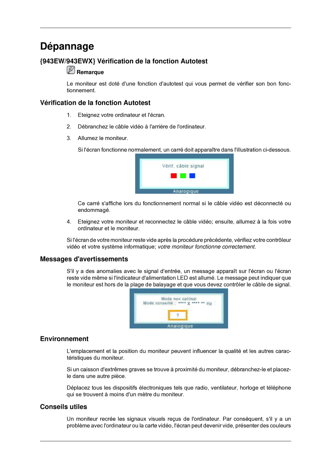 Samsung LS22MYDEBC/EDC manual 943EW/943EWX Vérification de la fonction Autotest, Messages davertissements, Environnement 