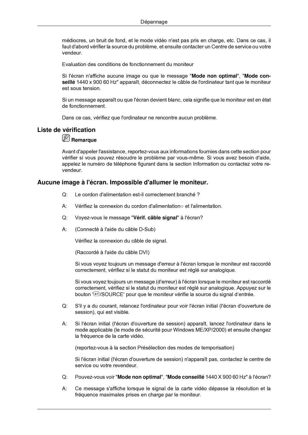 Samsung LS22MYDEBC/EDC manual Liste de vérification, Aucune image à lécran. Impossible dallumer le moniteur 