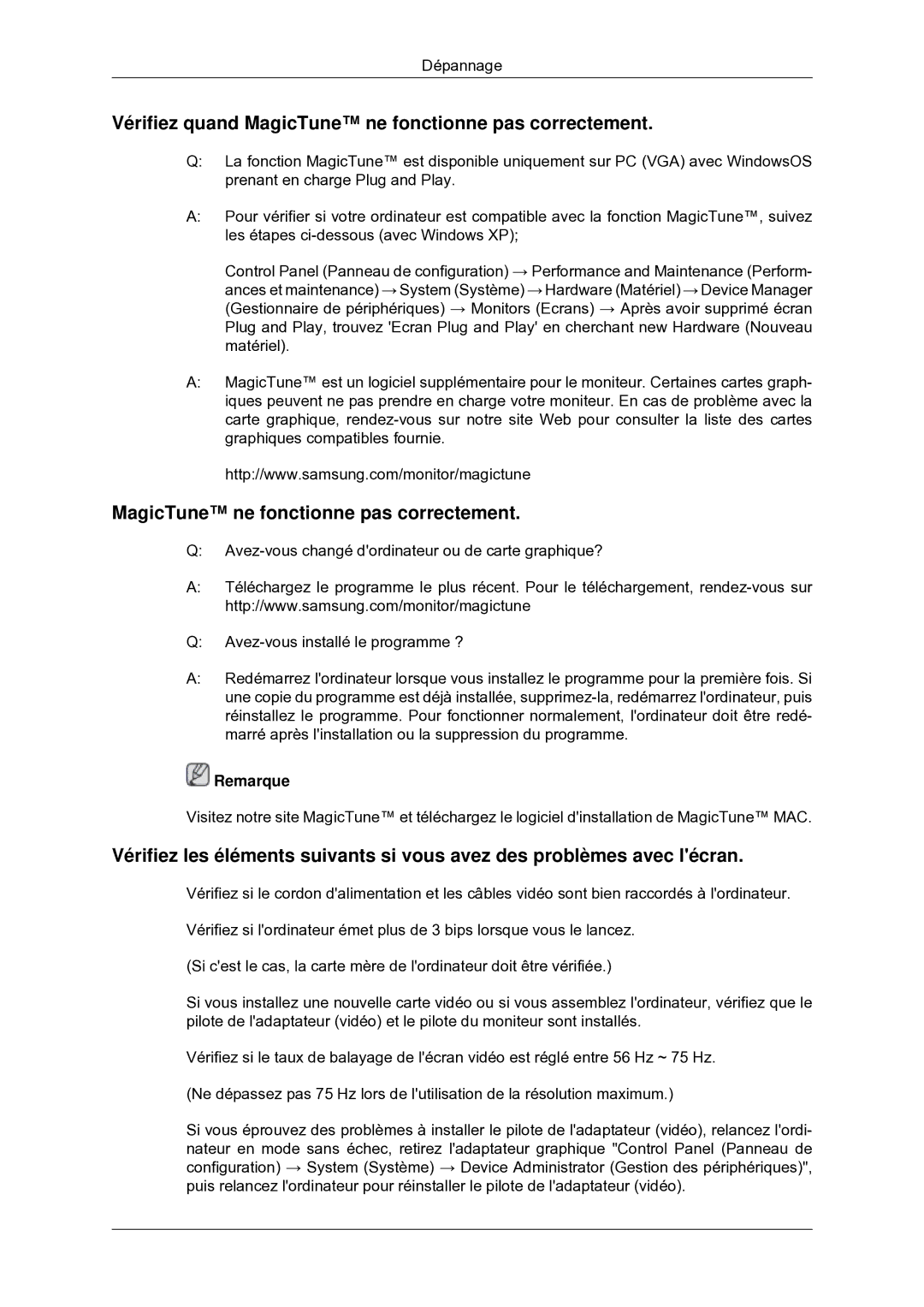 Samsung LS22MYDEBC/EDC manual Vérifiez quand MagicTune ne fonctionne pas correctement 