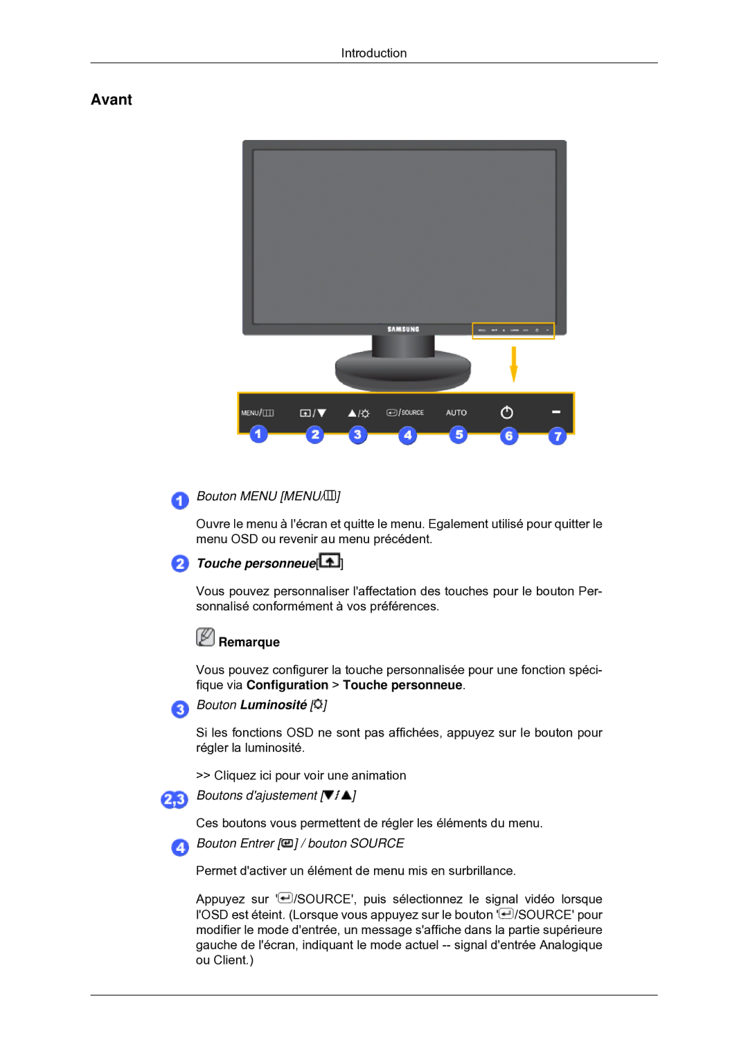 Samsung LS22MYDEBC/EDC manual Avant, Bouton Menu Menu 