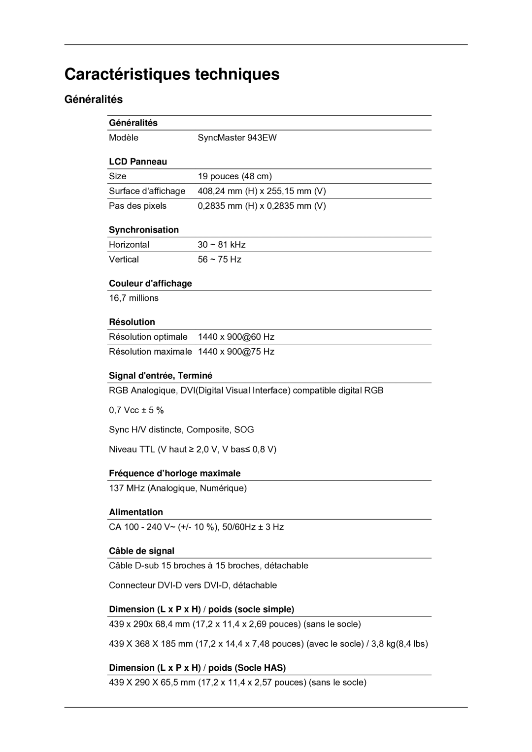 Samsung LS22MYDEBC/EDC manual Caractéristiques techniques, Généralités 