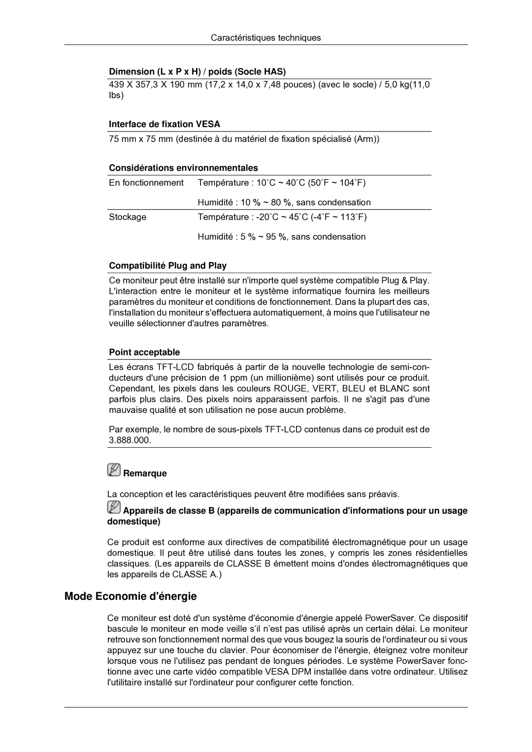 Samsung LS22MYDEBC/EDC manual Mode Economie dénergie, Considérations environnementales 