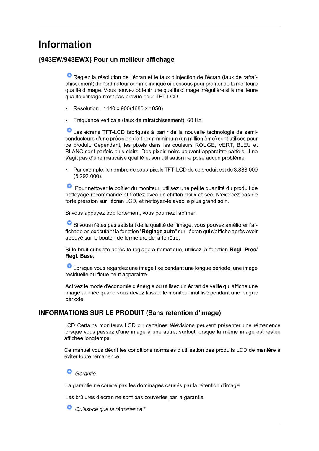 Samsung LS22MYDEBC/EDC manual 943EW/943EWX Pour un meilleur affichage, Informations SUR LE Produit Sans rétention dimage 