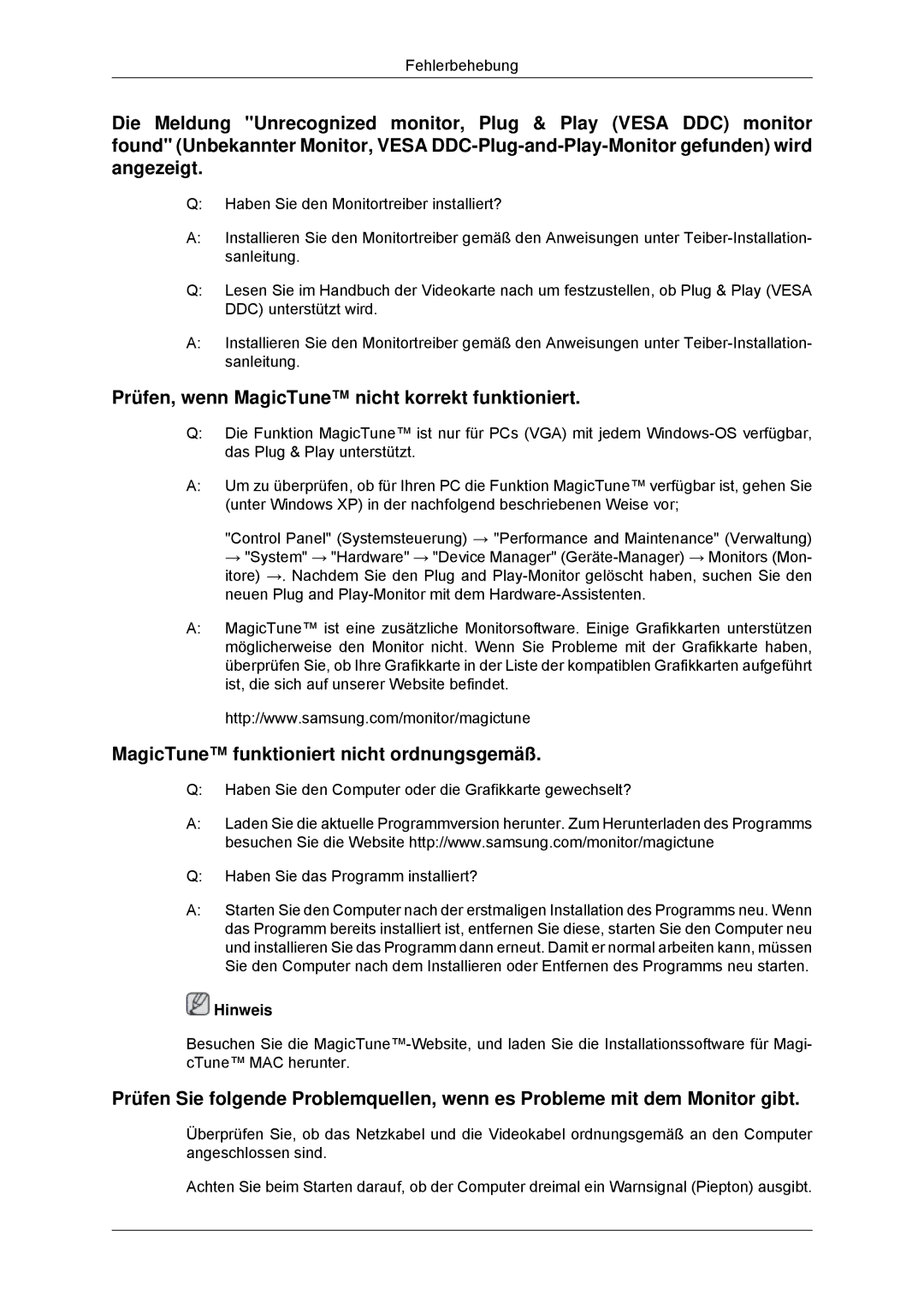 Samsung LS22MYDDSC/EDC manual Prüfen, wenn MagicTune nicht korrekt funktioniert, MagicTune funktioniert nicht ordnungsgemäß 