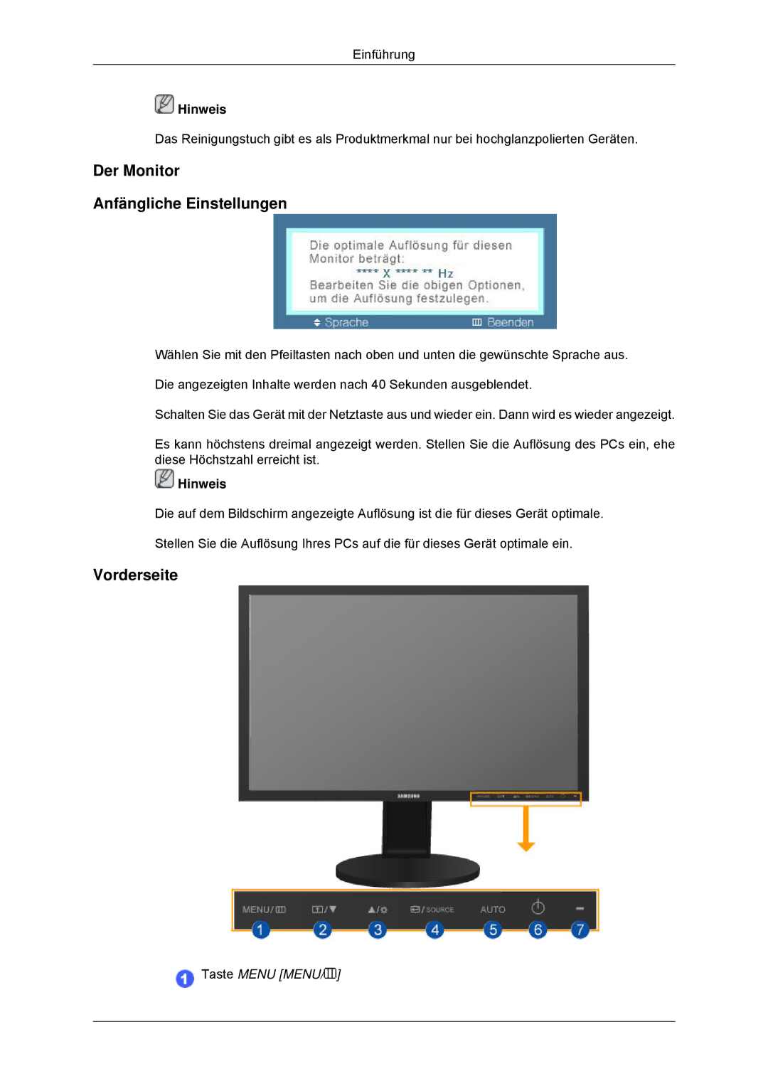 Samsung LS22MYDDSC/EDC, LS22MYKDSCA/EN manual Der Monitor Anfängliche Einstellungen, Vorderseite 