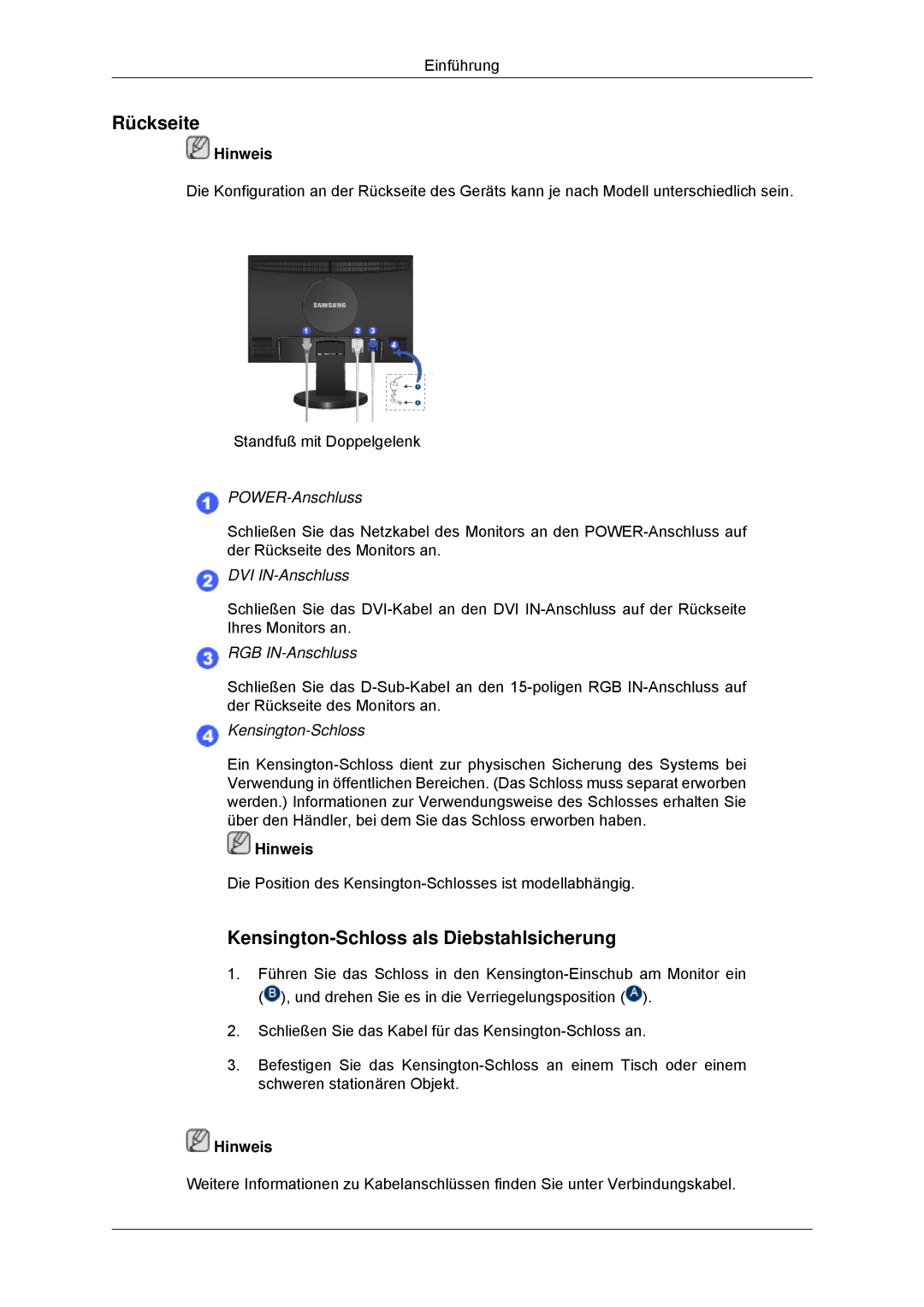 Samsung LS22MYDDSC/EDC, LS22MYKDSCA/EN manual Rückseite, Kensington-Schloss als Diebstahlsicherung 