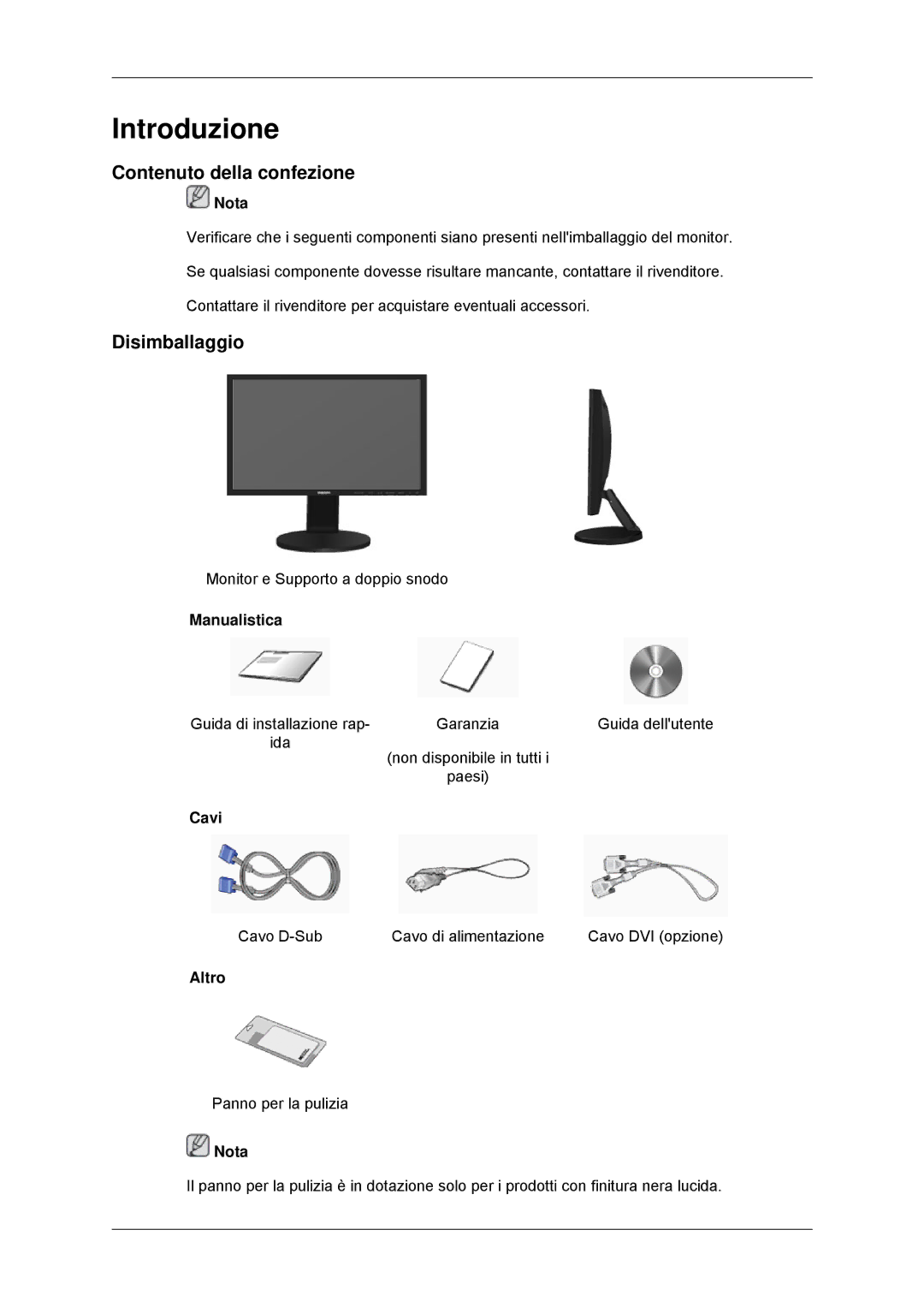 Samsung LS22MYKDSCA/EN, LS22MYDDSC/EDC manual Introduzione, Contenuto della confezione, Disimballaggio 