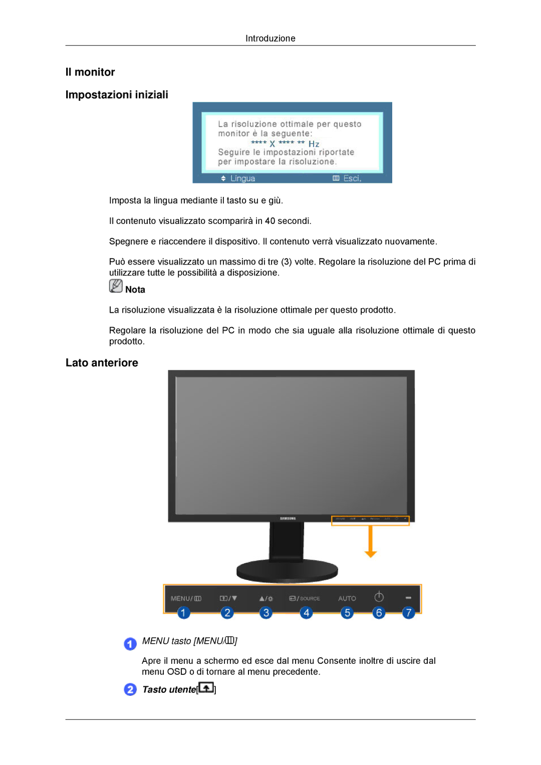 Samsung LS22MYDDSC/EDC, LS22MYKDSCA/EN manual Il monitor Impostazioni iniziali, Lato anteriore 