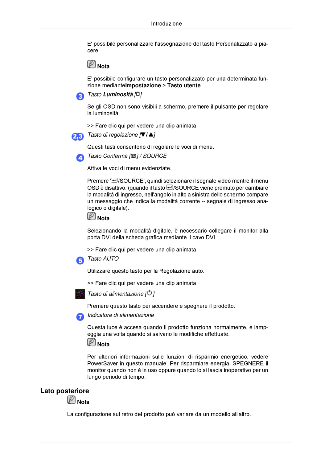 Samsung LS22MYKDSCA/EN, LS22MYDDSC/EDC manual Lato posteriore, Tasto Luminosità 