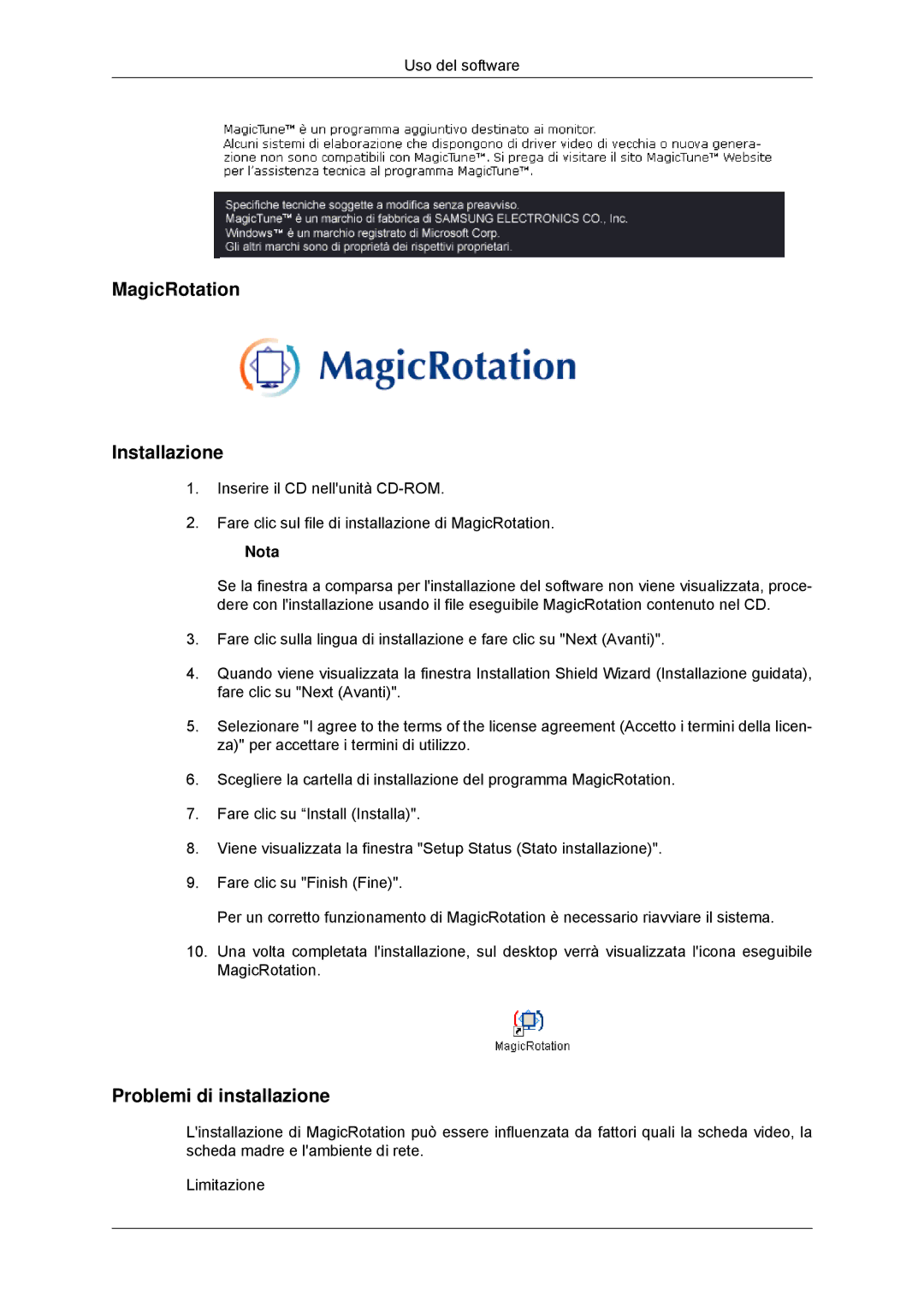 Samsung LS22MYDDSC/EDC, LS22MYKDSCA/EN manual MagicRotation Installazione 