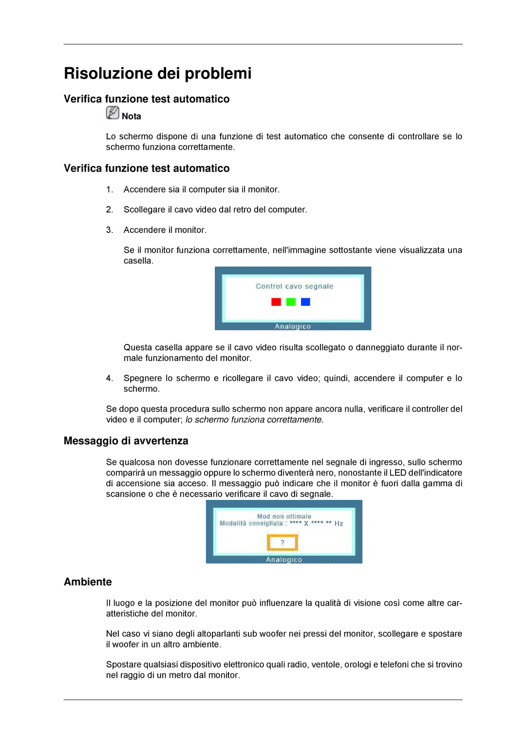 Samsung LS22MYKDSCA/EN Risoluzione dei problemi, Verifica funzione test automatico, Messaggio di avvertenza, Ambiente 