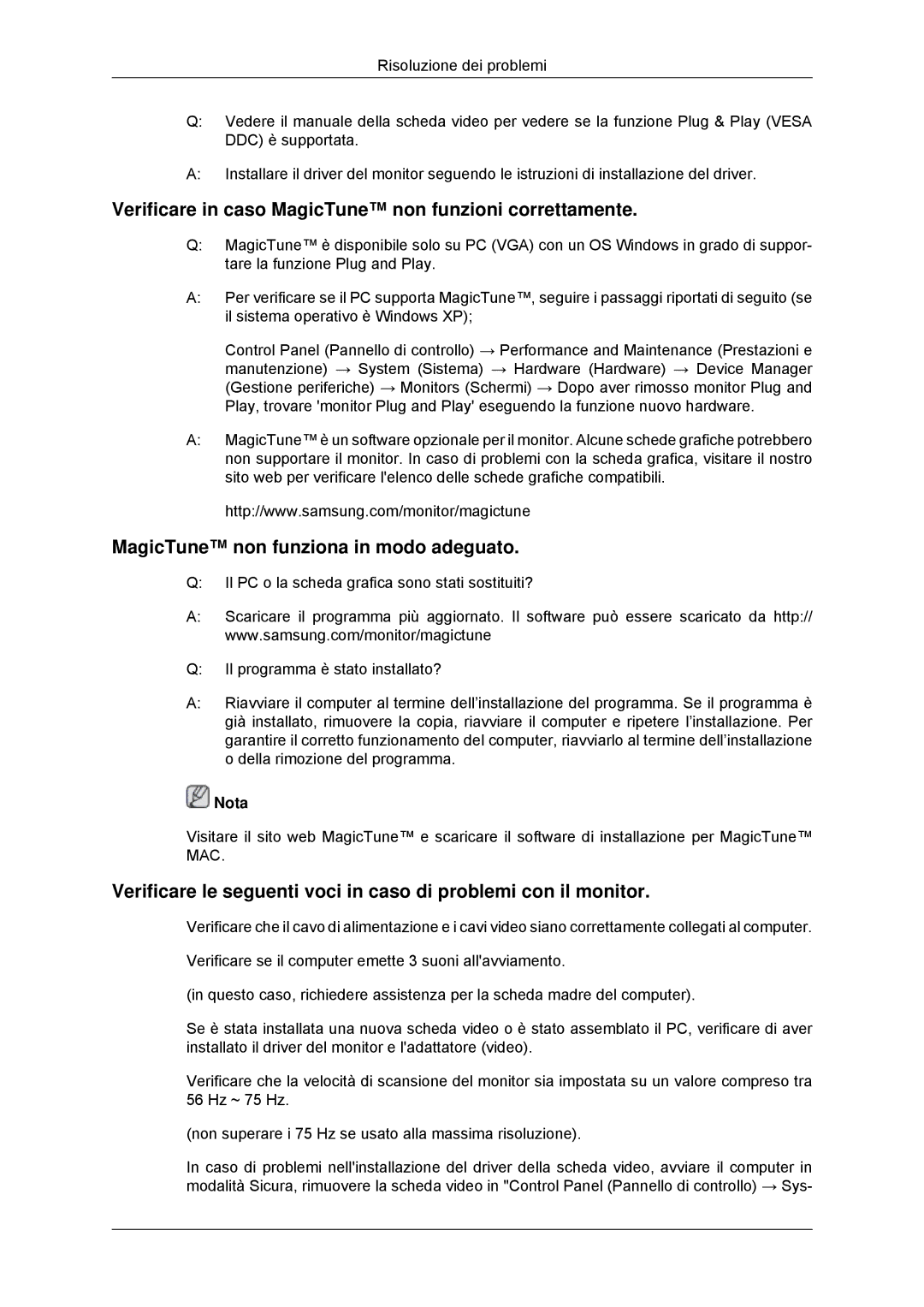 Samsung LS22MYKDSCA/EN Verificare in caso MagicTune non funzioni correttamente, MagicTune non funziona in modo adeguato 