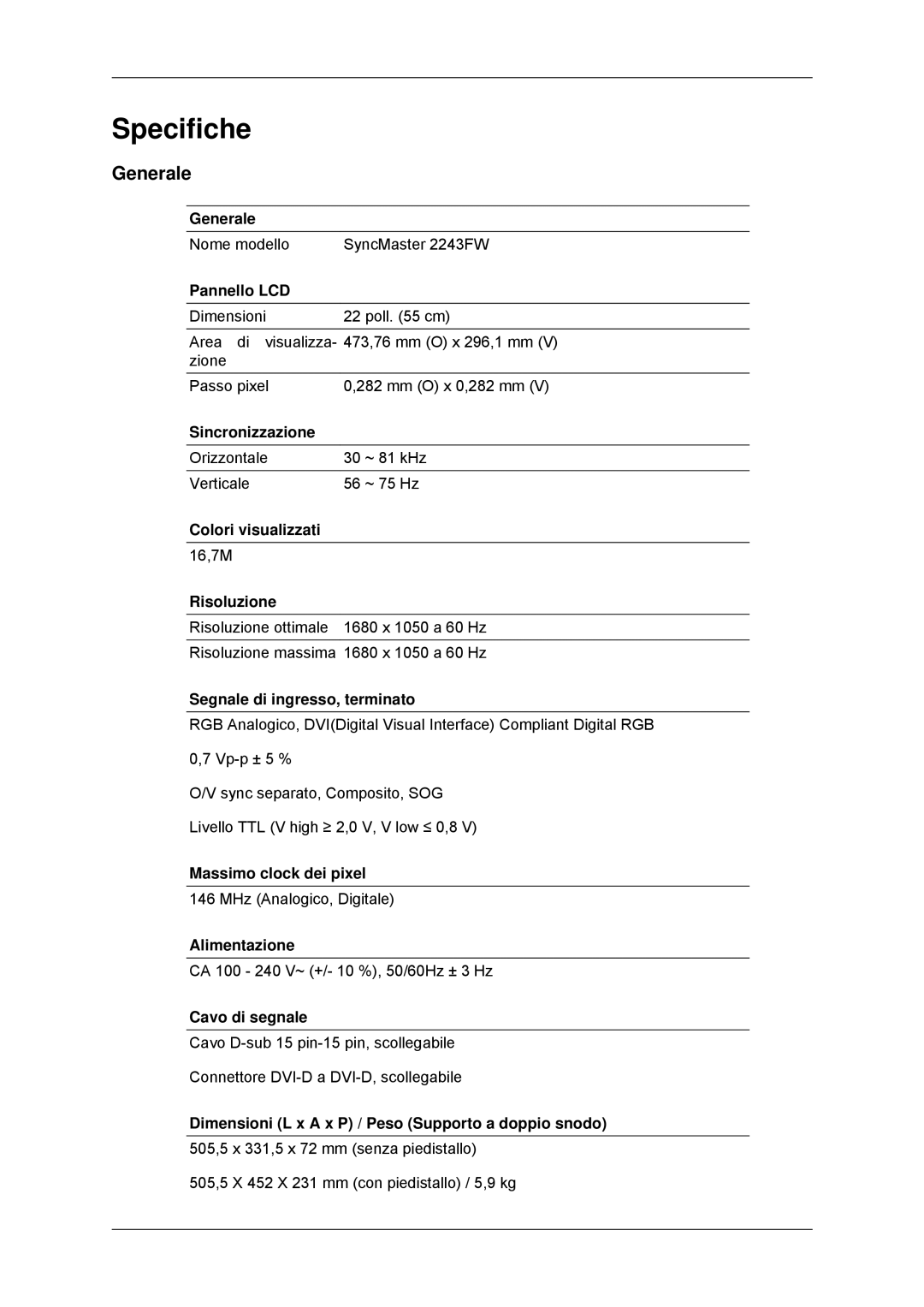 Samsung LS22MYDDSC/EDC, LS22MYKDSCA/EN manual Specifiche, Generale 