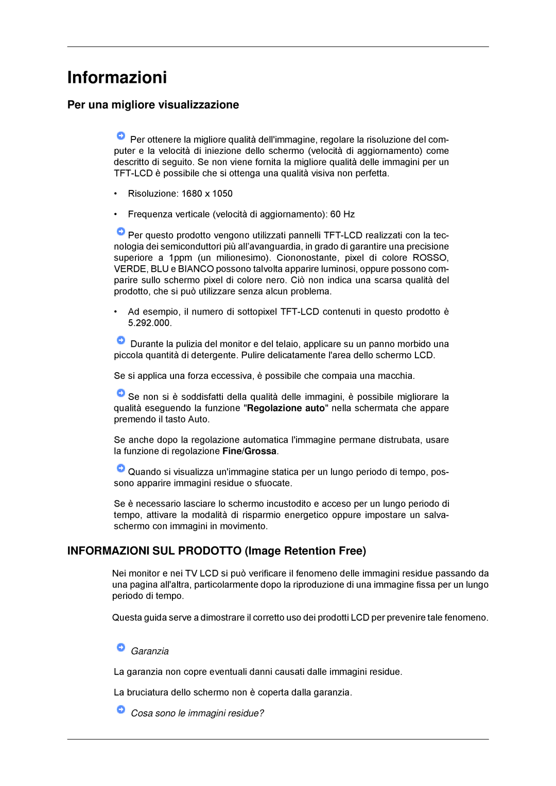 Samsung LS22MYKDSCA/EN manual Per una migliore visualizzazione, Informazioni SUL Prodotto Image Retention Free 