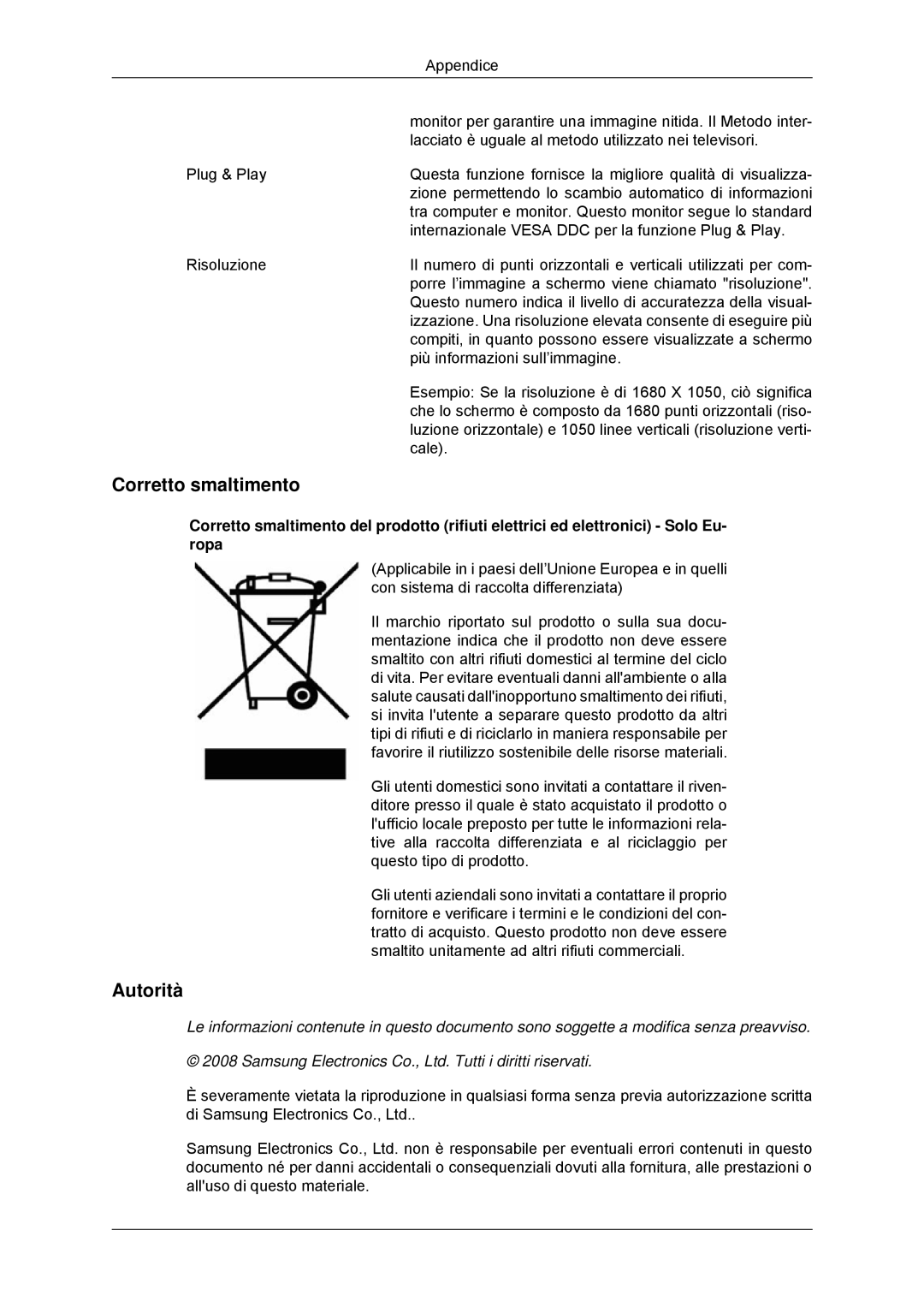 Samsung LS22MYDDSC/EDC, LS22MYKDSCA/EN manual Corretto smaltimento, Autorità 