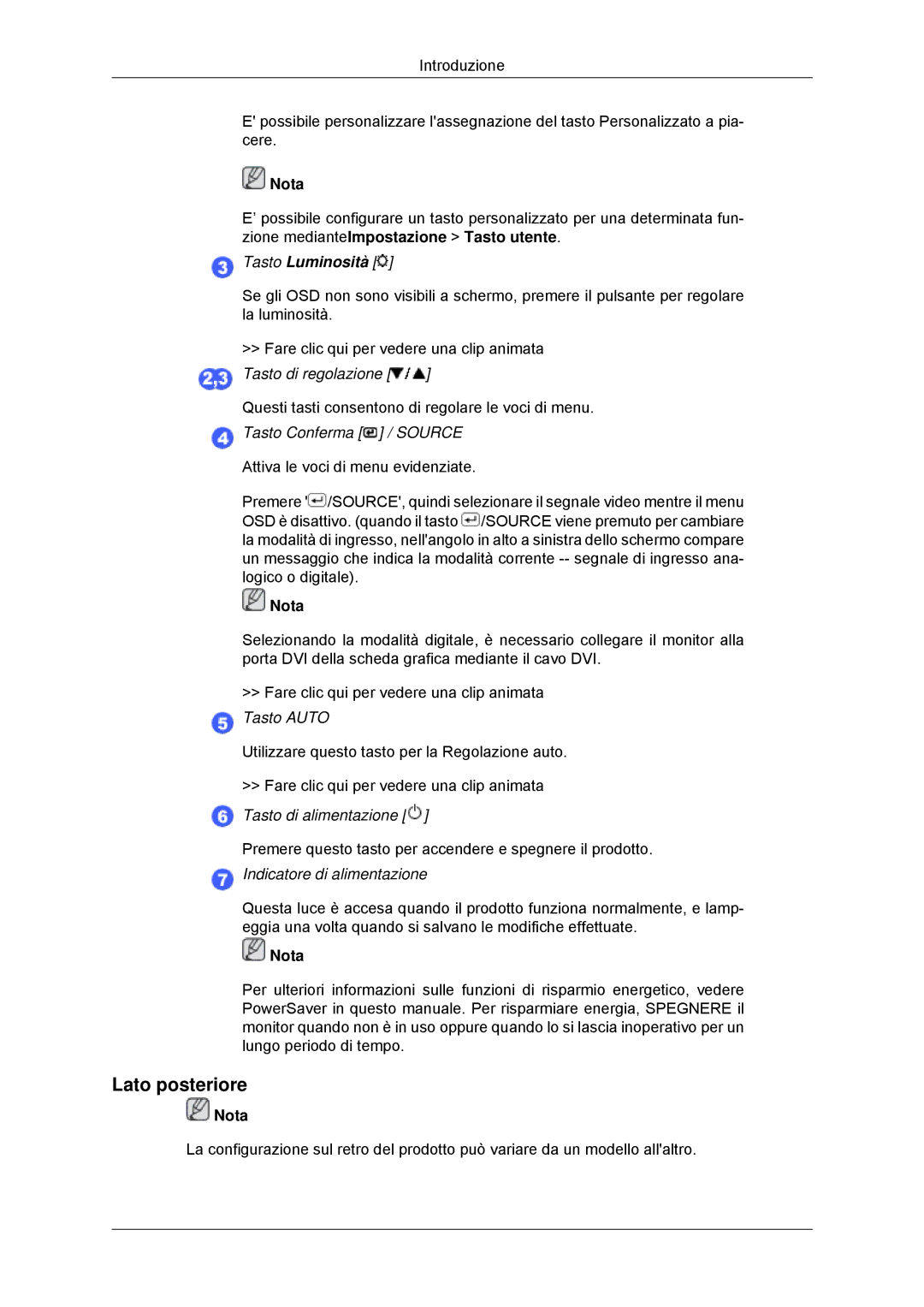 Samsung LS22MYKDSCA/EN, LS22MYDDSC/EDC manual Lato posteriore, Tasto Luminosità 