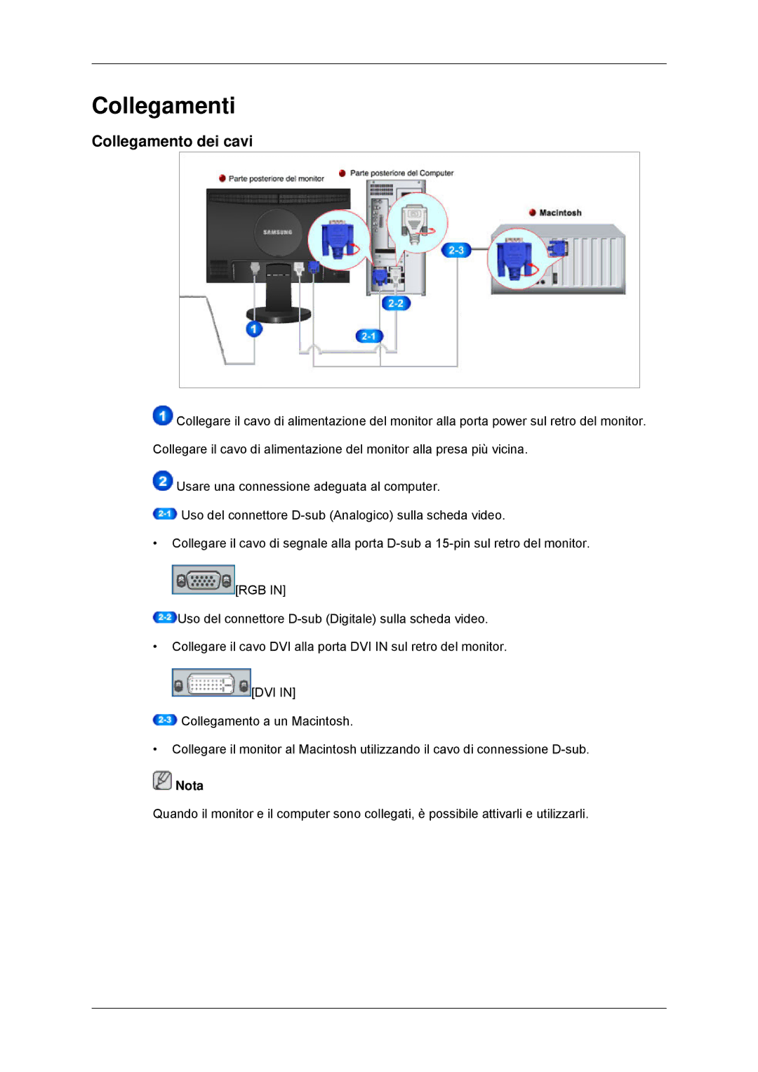 Samsung LS22MYDDSC/EDC, LS22MYKDSCA/EN manual Collegamenti, Collegamento dei cavi 