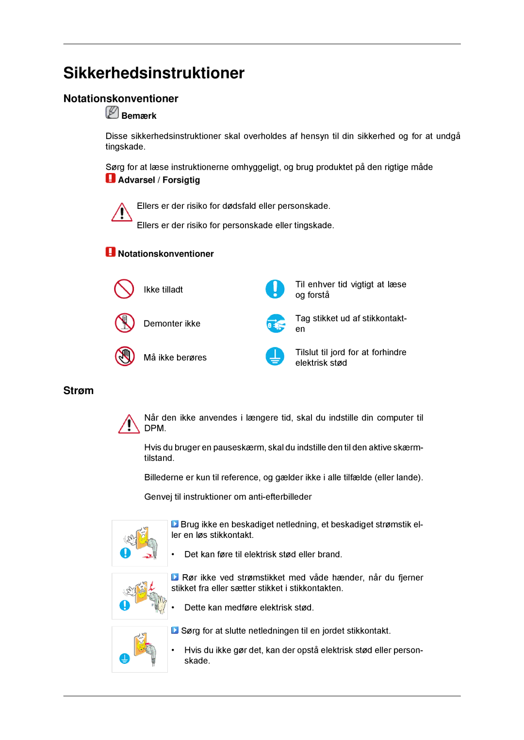 Samsung LS22MYKDSCA/EN, LS22MYDDSC/EDC manual Sikkerhedsinstruktioner, Notationskonventioner, Strøm, Bemærk 