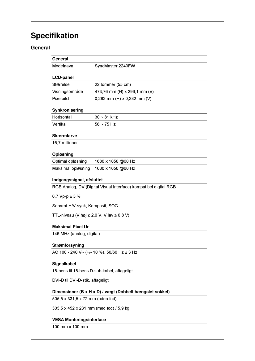 Samsung LS22MYDDSC/EDC, LS22MYKDSCA/EN manual Specifikation, General 