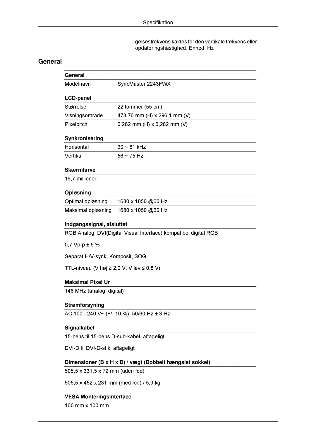 Samsung LS22MYKDSCA/EN, LS22MYDDSC/EDC manual Modelnavn SyncMaster 2243FWX 